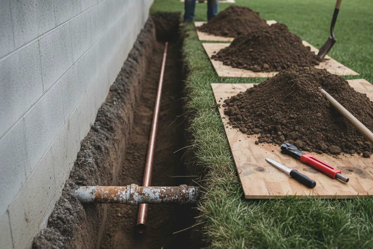 Excavated water line trench during Sewer Line Repair in Spotsylvania